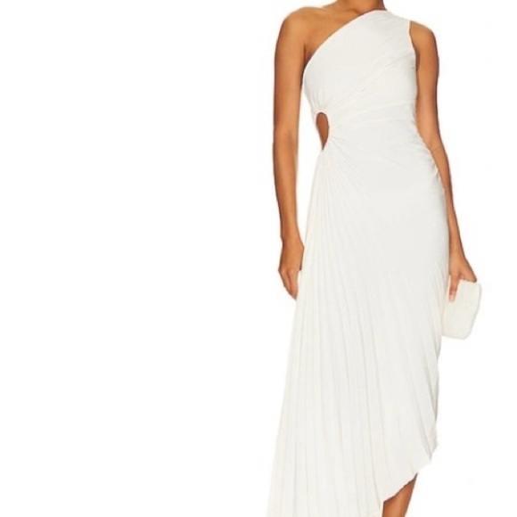 A.L.C. White Whisper  Satin Delfina Pleated Long Asymmetric One-Shoulder Dress - Picture 2 of 10
